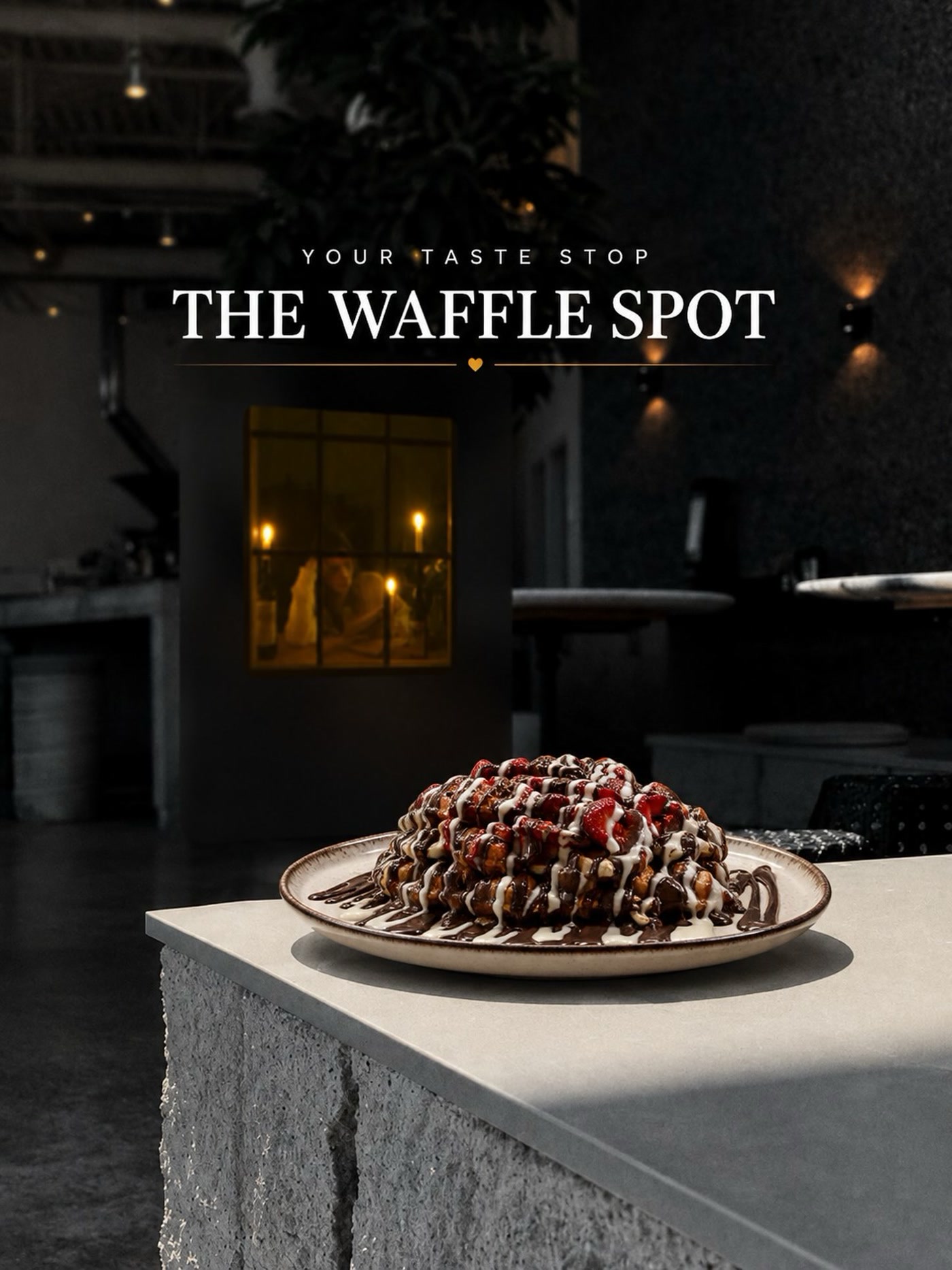 Koyu tezgahta çikolata soslu waffle